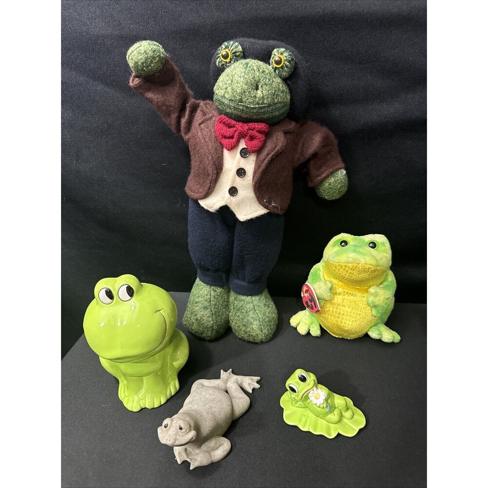 Frog Figurine And Plush Collector Lot 5 Pc EUC Vintage LEFTON, JUMPS TY, Frankie